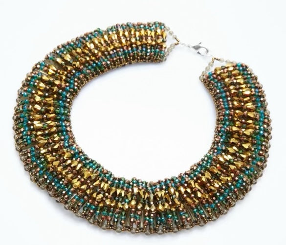 KELLY GREEN AND GOLD CRYSTAL BEADED STATEMENT COLLAR